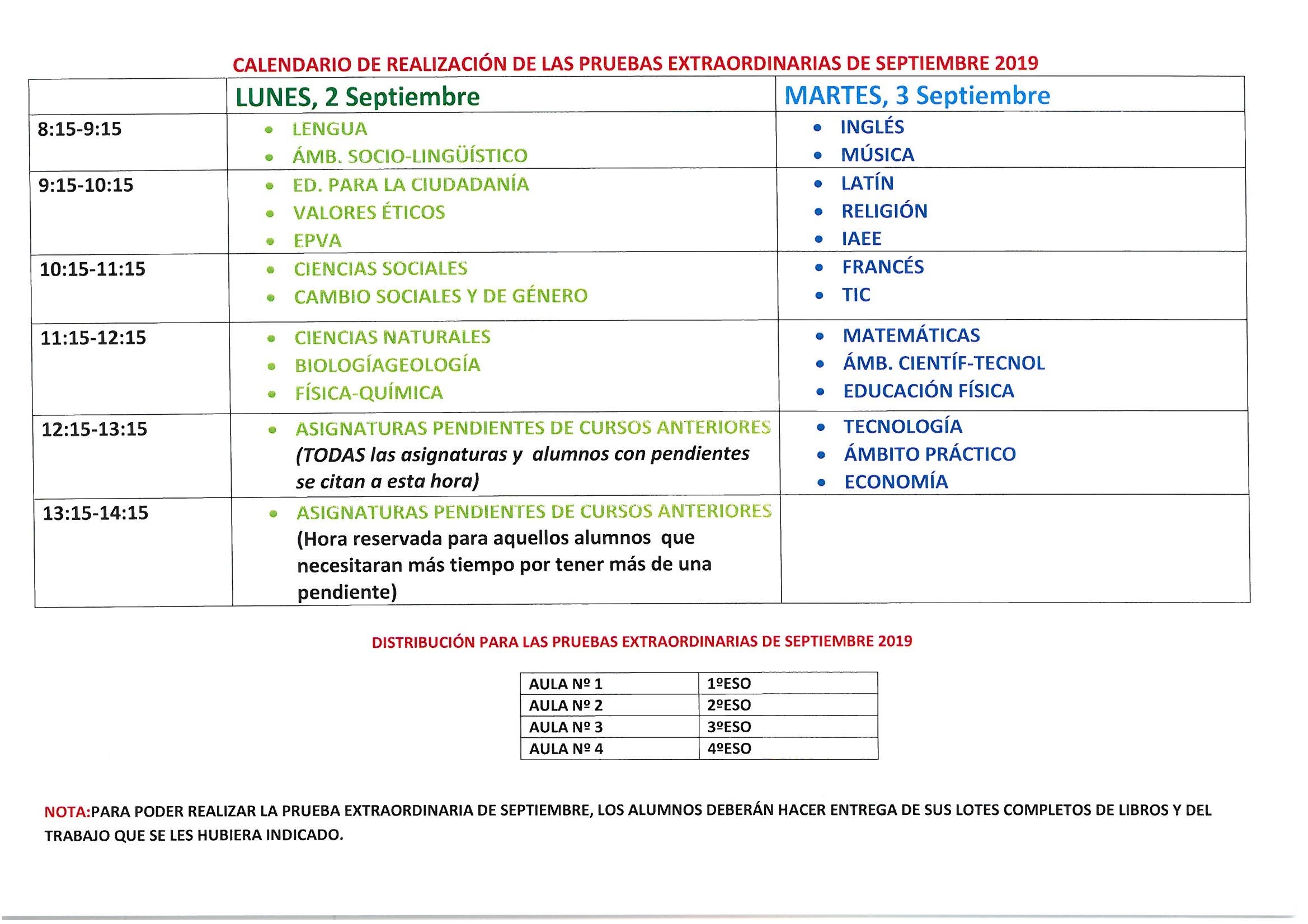 Calendario Exámenes Septiembre