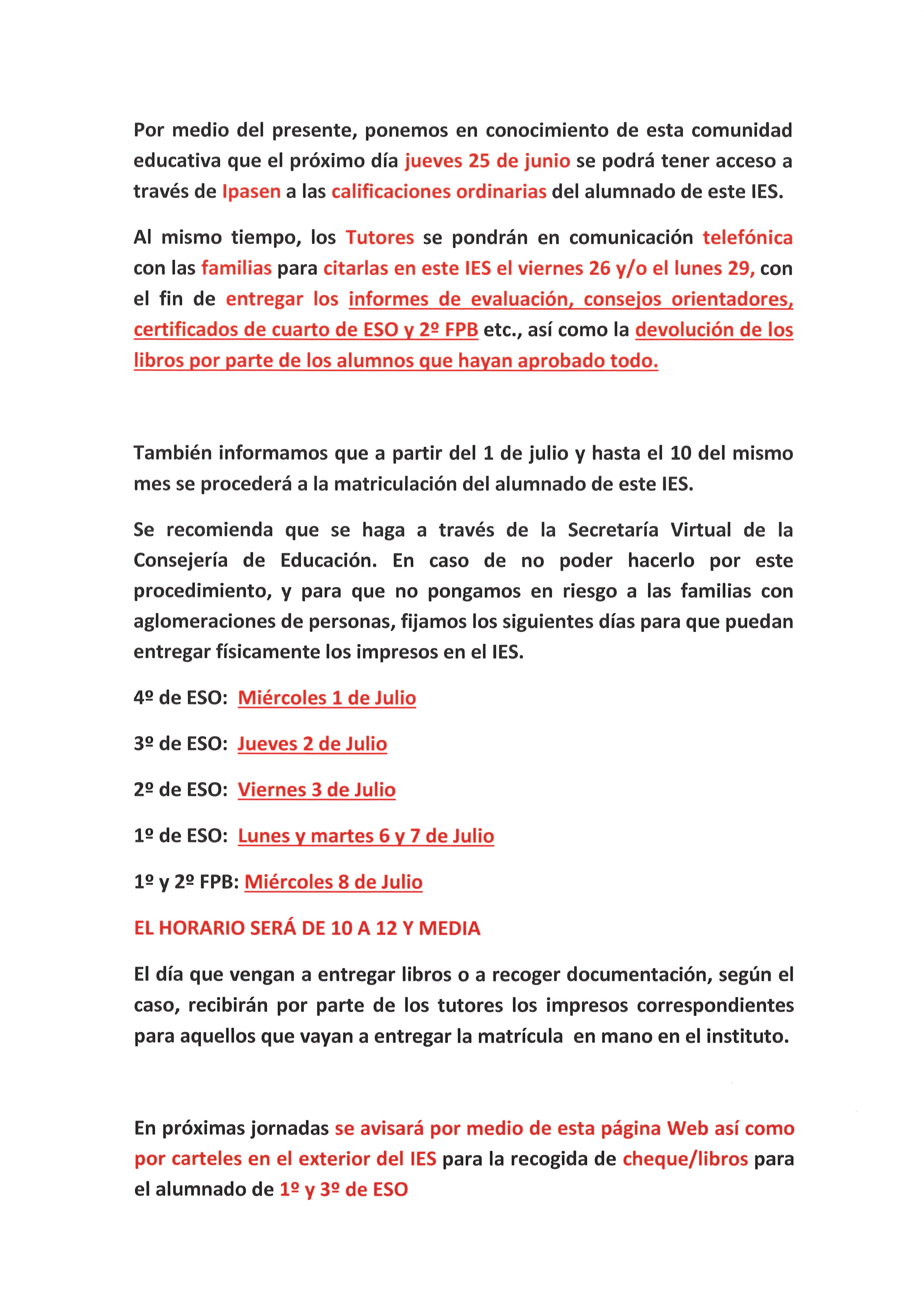 a Fin de Curso nota informativa