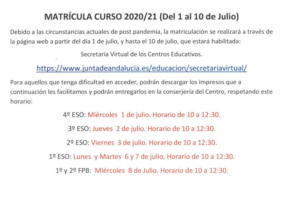 Cartel matrícula curso 20-21.