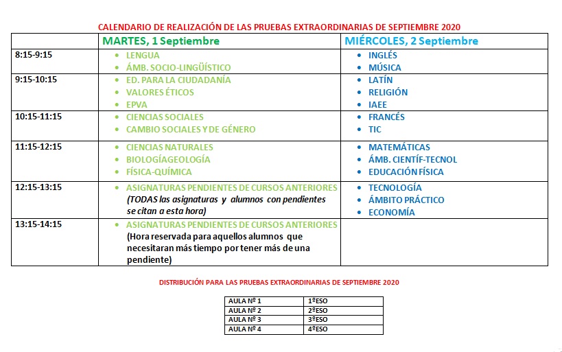 Calendario exámenes septiembre 2020